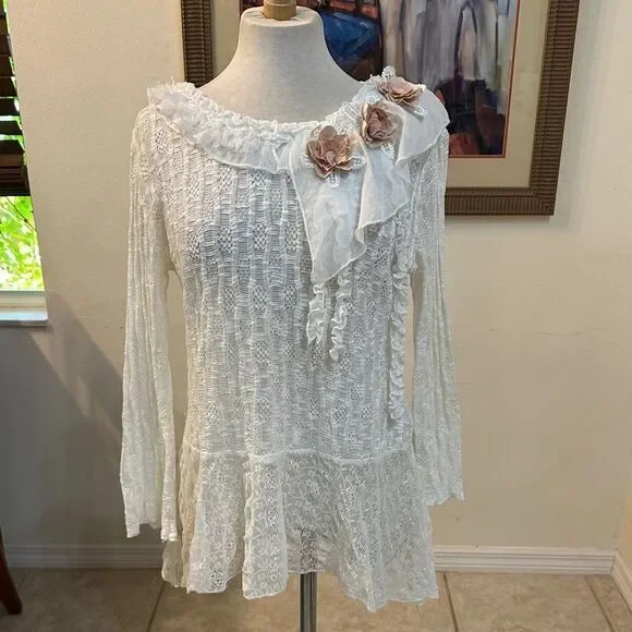 Zba (zee-bo)Elegant White Lace Women Top with Floral Fringe Accents Size Large - Picture 5 of 12